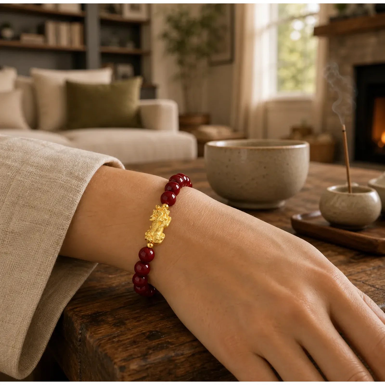 999 Gold 5D Hard Gold Cinnabar PiXiu Calm Bracelet featuring Cinnabar, Pixiu
