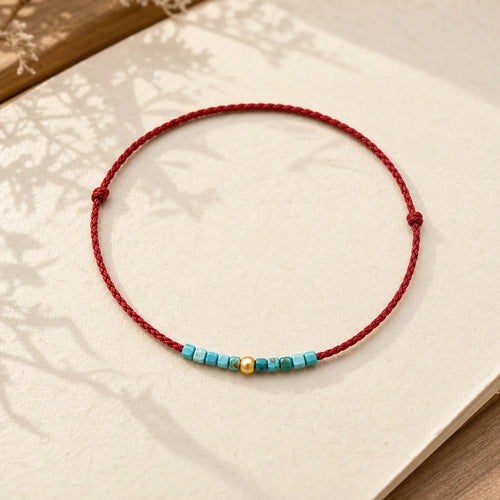 999 Gold Beads Turquoise Protection Braided Bracelet Anklet featuring Turquoise, Red String