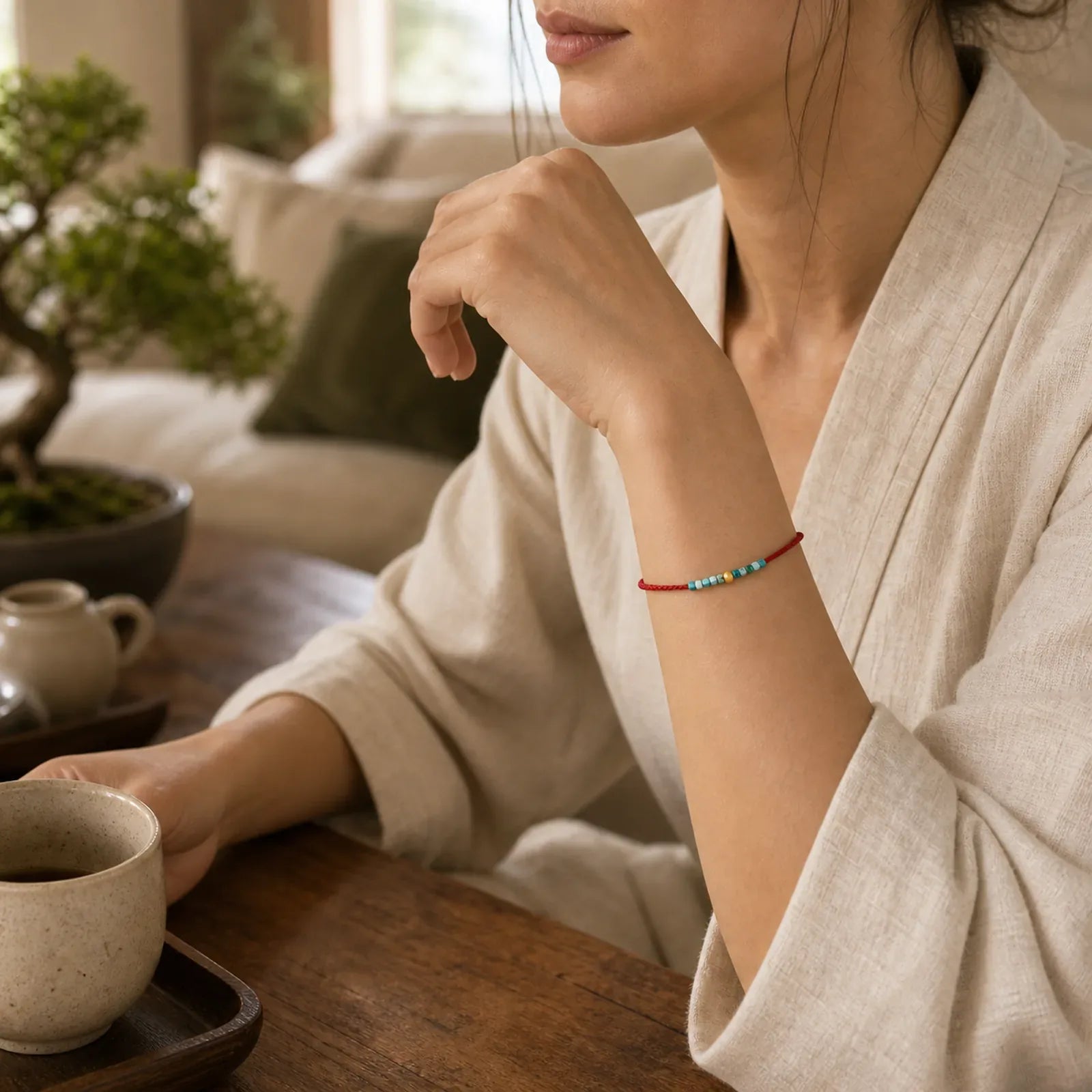 999 Gold Beads Turquoise Protection Braided Bracelet Anklet featuring Turquoise, Red String
