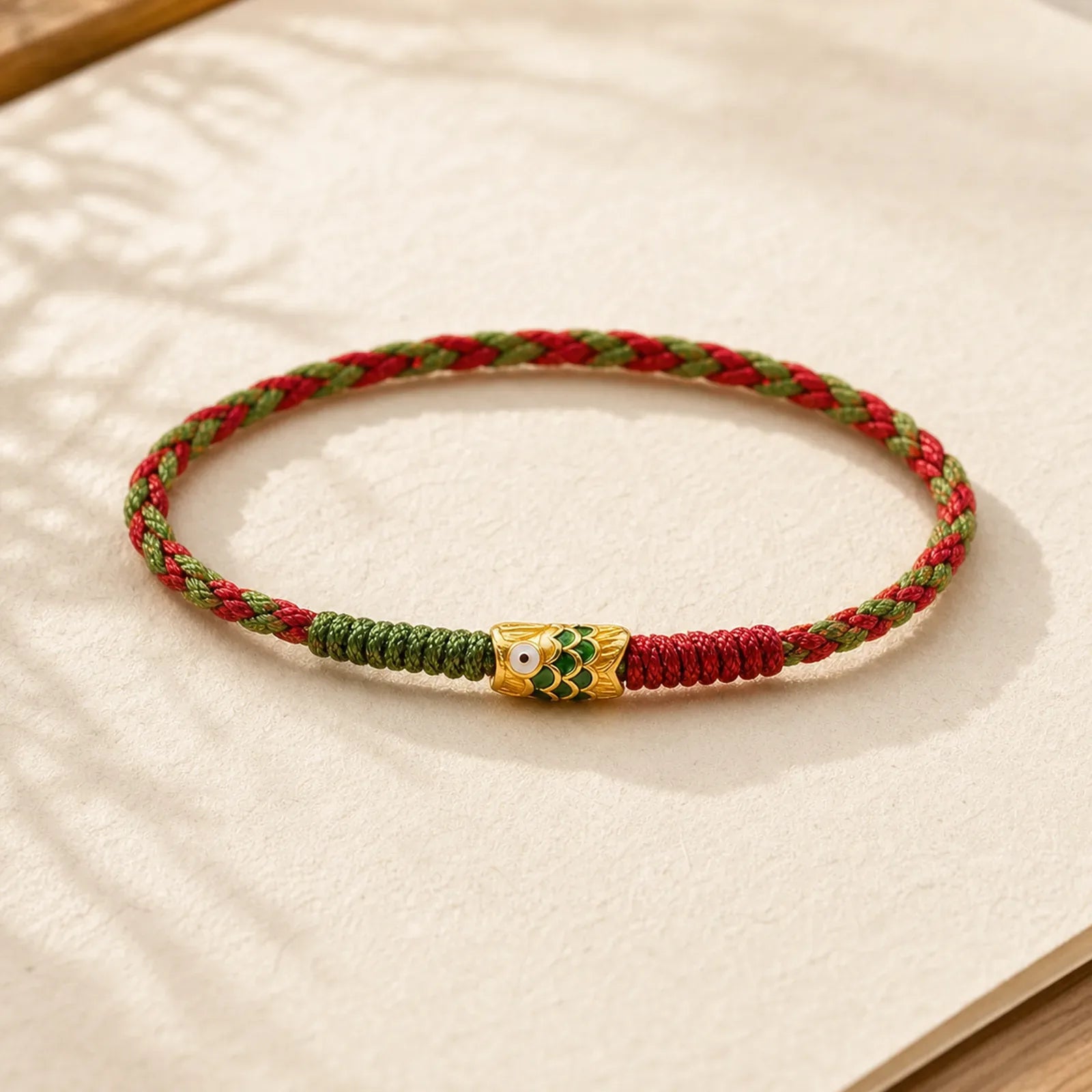999 Gold Braided Colorful Red Green String Koi Fish Luck Bracelet Anklet featuring Koi Fish, Red String, Yin Yang Symbol