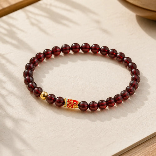999 Gold Koi Fish Natural Garnet Protection Bracelet featuring Koi Fish, Garnet, Yin Yang Symbol