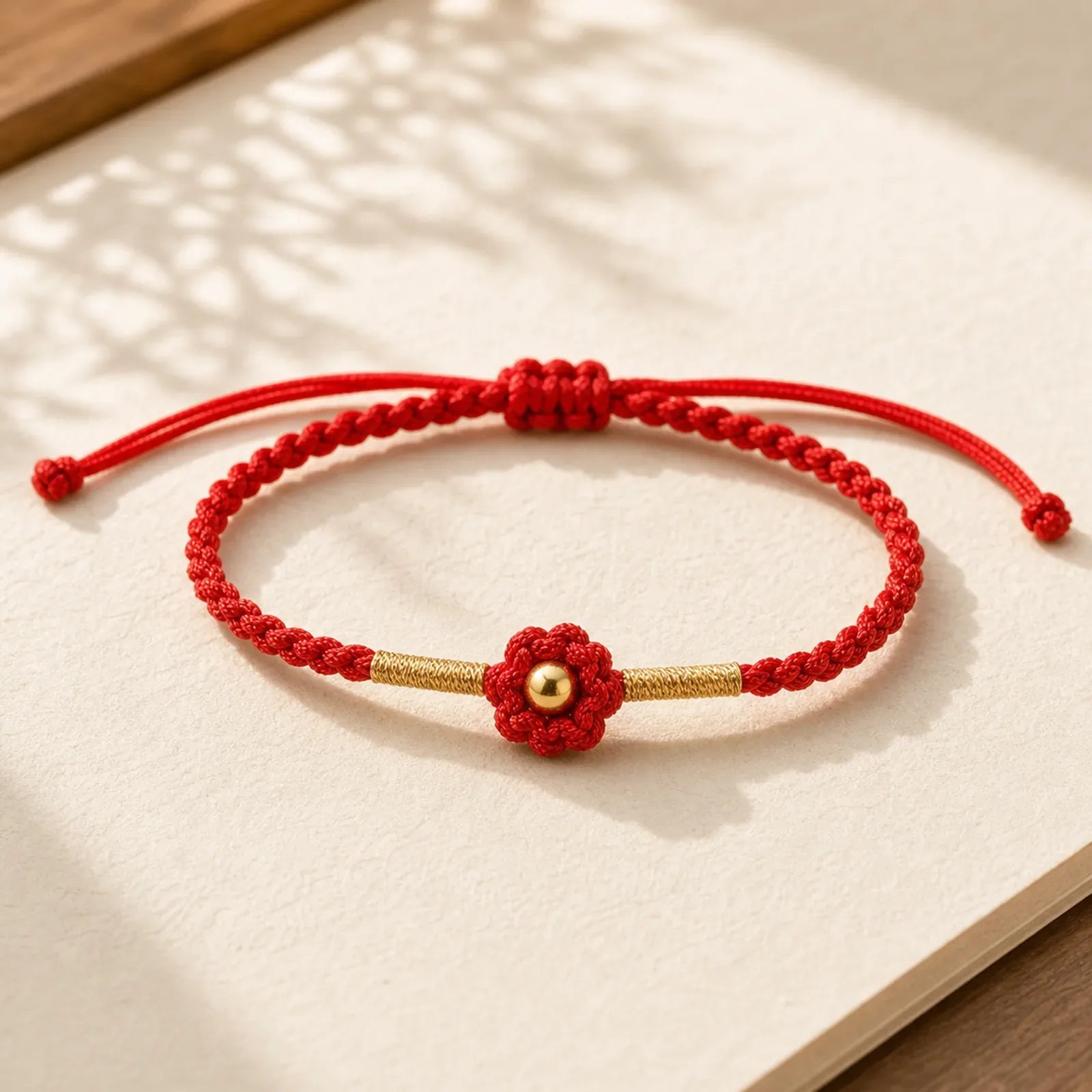 999 Gold Mini Bead Handmade Flower Design Luck Protection Rope Bracelet featuring Red String