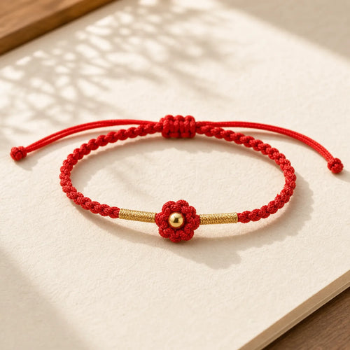 999 Gold Mini Bead Handmade Flower Design Luck Protection Rope Bracelet featuring Red String