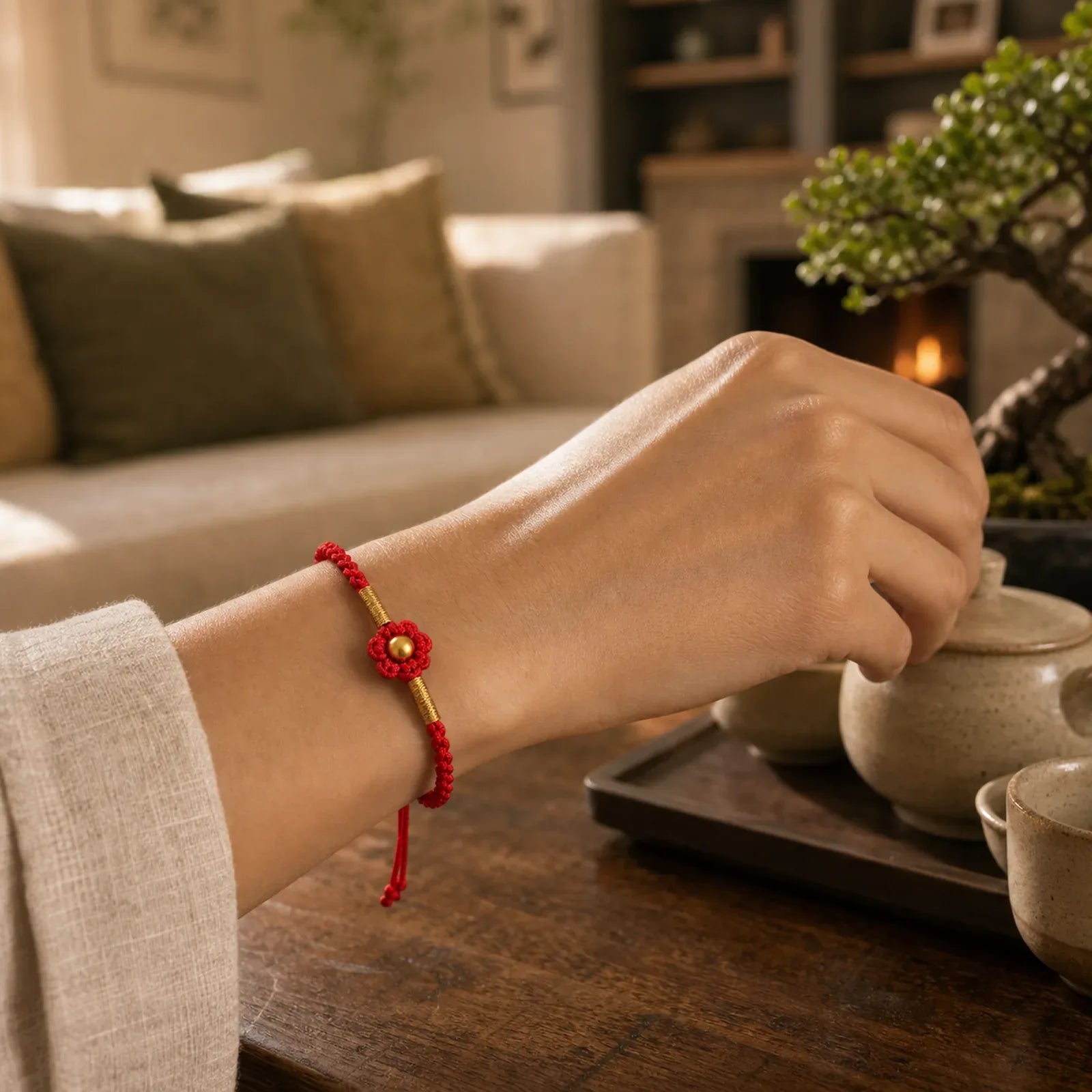 999 Gold Mini Bead Handmade Flower Design Luck Protection Rope Bracelet featuring Red String