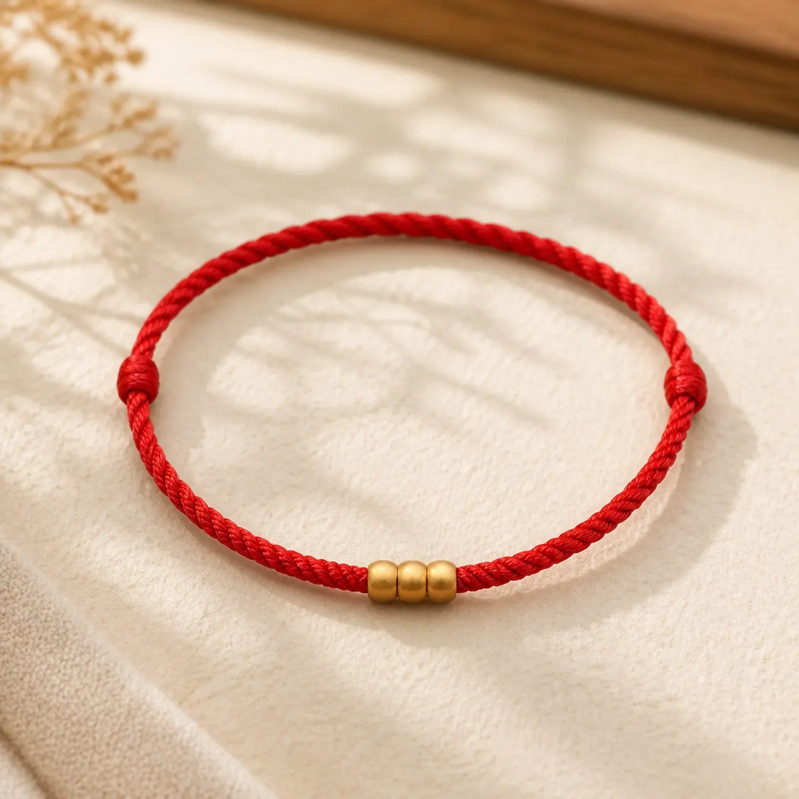 999 Gold Mini Three Beads Design Handmade Luck Rope Bracelet Anklet featuring Red String