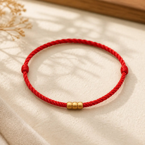 999 Gold Mini Three Beads Design Handmade Luck Rope Bracelet Anklet featuring Red String