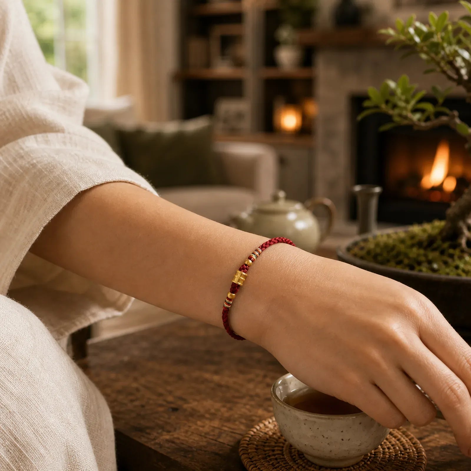 999 Gold Small Bucket Shape Design Handmade Luck Braided Rope Bracelet Anklet featuring Red String