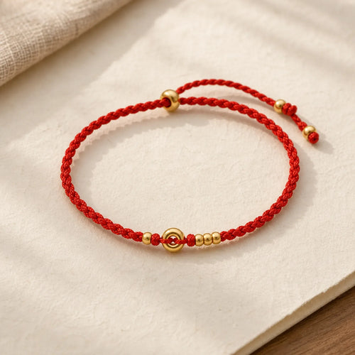 999 Gold Small Peace Buckle Design Handmade Luck Braided Rope Bracelet Anklet featuring Peace Buckle, Red String, Copper