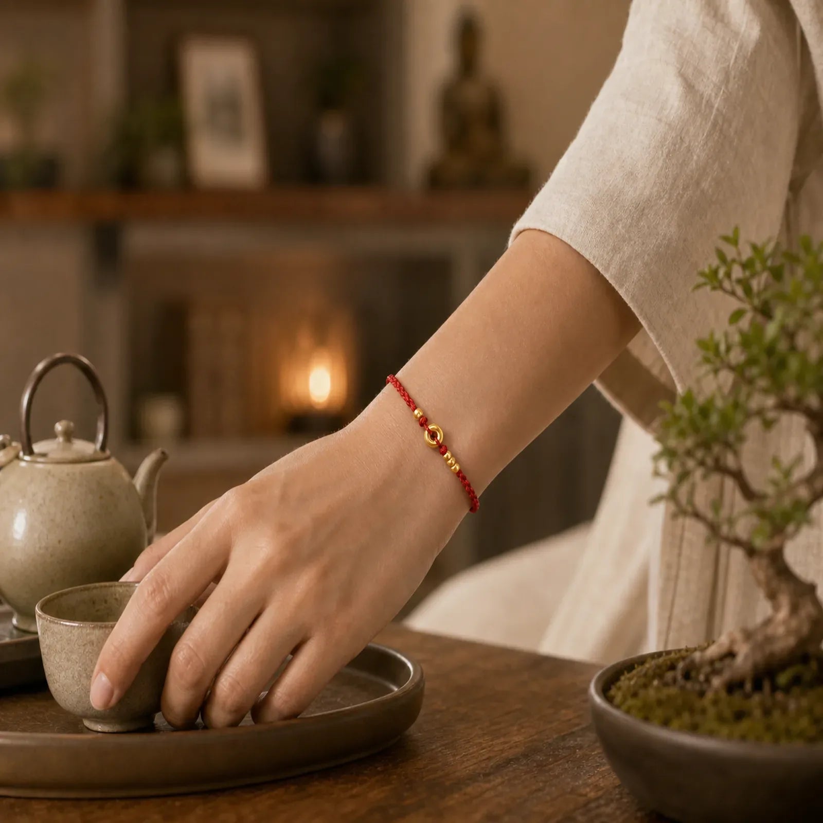 999 Gold Small Peace Buckle Design Handmade Luck Braided Rope Bracelet Anklet featuring Peace Buckle, Red String, Copper