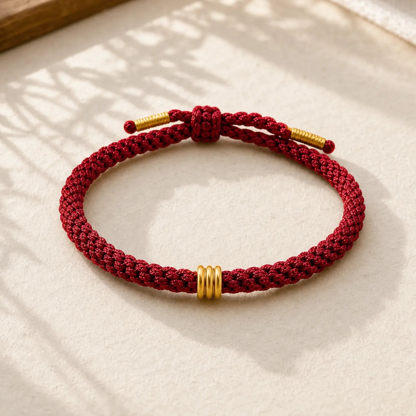 999 Gold Triple Ring Design Handmade Connection Braided Rope Bracelet featuring Red String