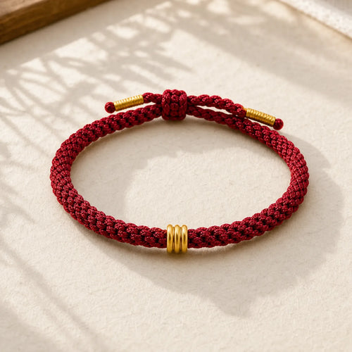 999 Gold Triple Ring Design Handmade Connection Braided Rope Bracelet featuring Red String