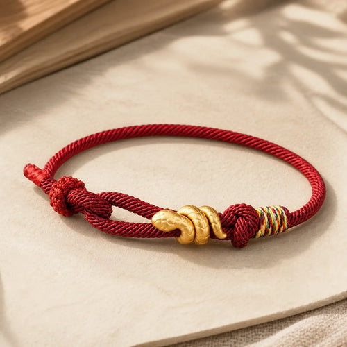 999 Gold Year of the Snake Design Handmade Luck Protection Rope Braided Bracelet featuring Red String