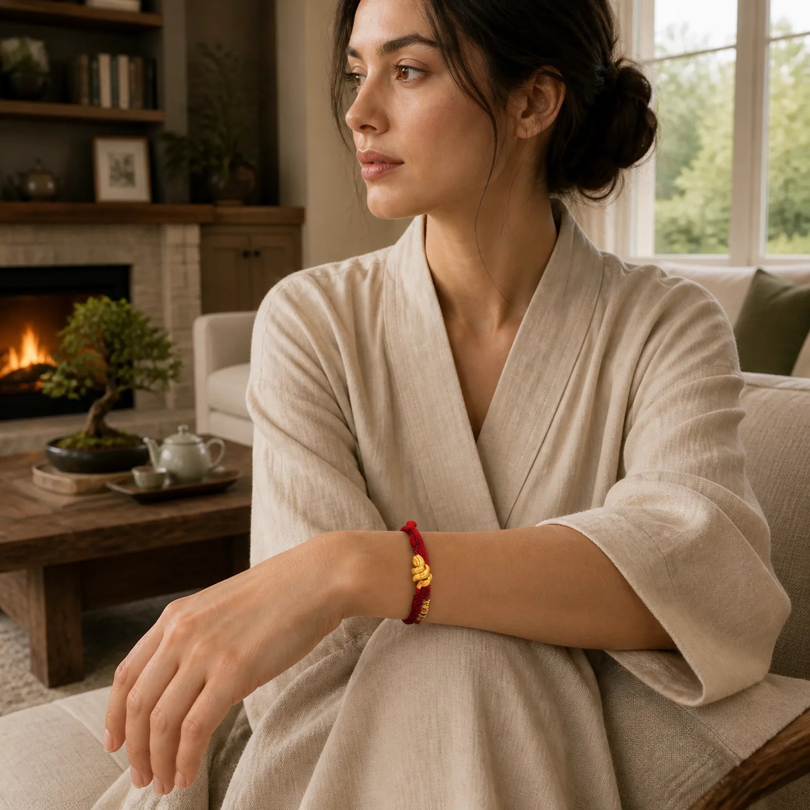 999 Gold Year of the Snake Design Handmade Luck Protection Rope Braided Bracelet featuring Red String
