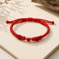 999 Sterling Silver 3D Heart Design Red String Connection Bracelet featuring Silver, Red String