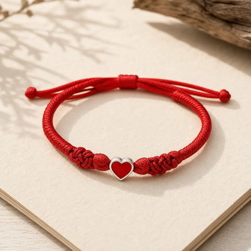 999 Sterling Silver 3D Heart Design Red String Connection Bracelet featuring Silver, Red String