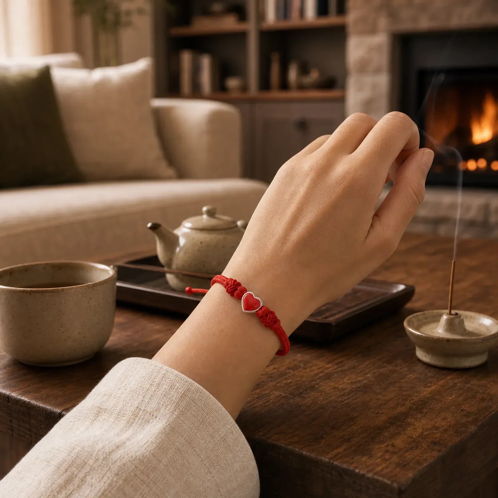 999 Sterling Silver 3D Heart Design Red String Connection Bracelet featuring Silver, Red String