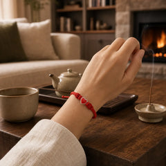 999 Sterling Silver 3D Heart Design Red String Connection Bracelet featuring Silver, Red String
