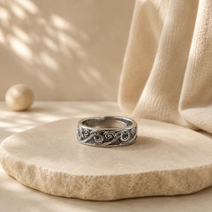 999 Sterling Silver Auspicious Clouds Engraved Blessing Adjustable Ring featuring Silver