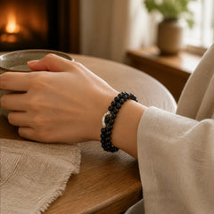 999 Sterling Silver Black Obsidian Fulfillment Strength Double Layer Bracelet featuring Silver, Black Obsidian