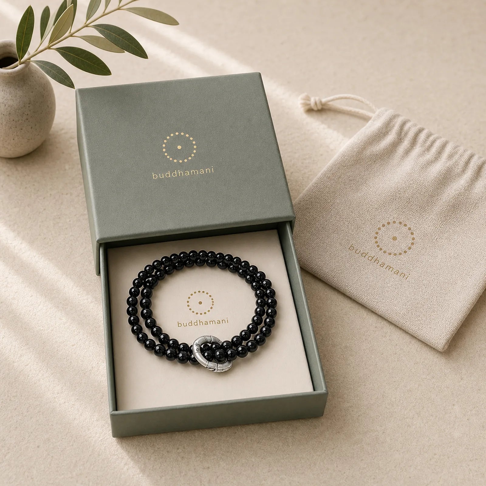 999 Sterling Silver Black Obsidian Fulfillment Strength Double Layer Bracelet featuring Silver, Black Obsidian