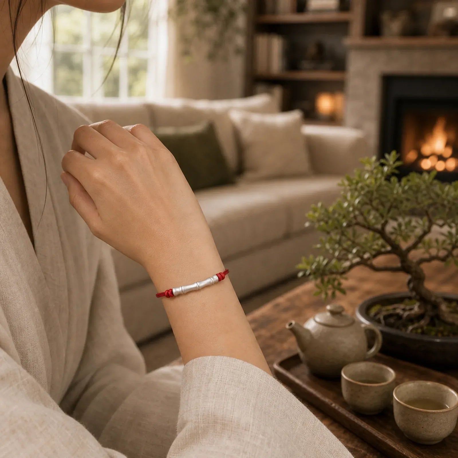 999 Sterling Silver Bone Pattern Luck Rope Braided Bracelet (Extra 35% Off | USE CODE: FS35) featuring Silver, Red String