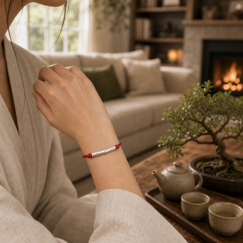 999 Sterling Silver Bone Pattern Luck Rope Braided Bracelet (Extra 35% Off | USE CODE: FS35) featuring Silver, Red String