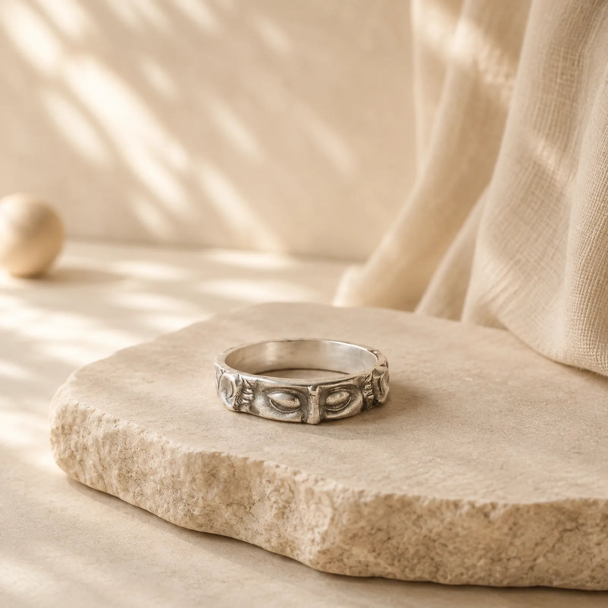 999 Sterling Silver Buddha Eyes Protection Ring featuring Silver