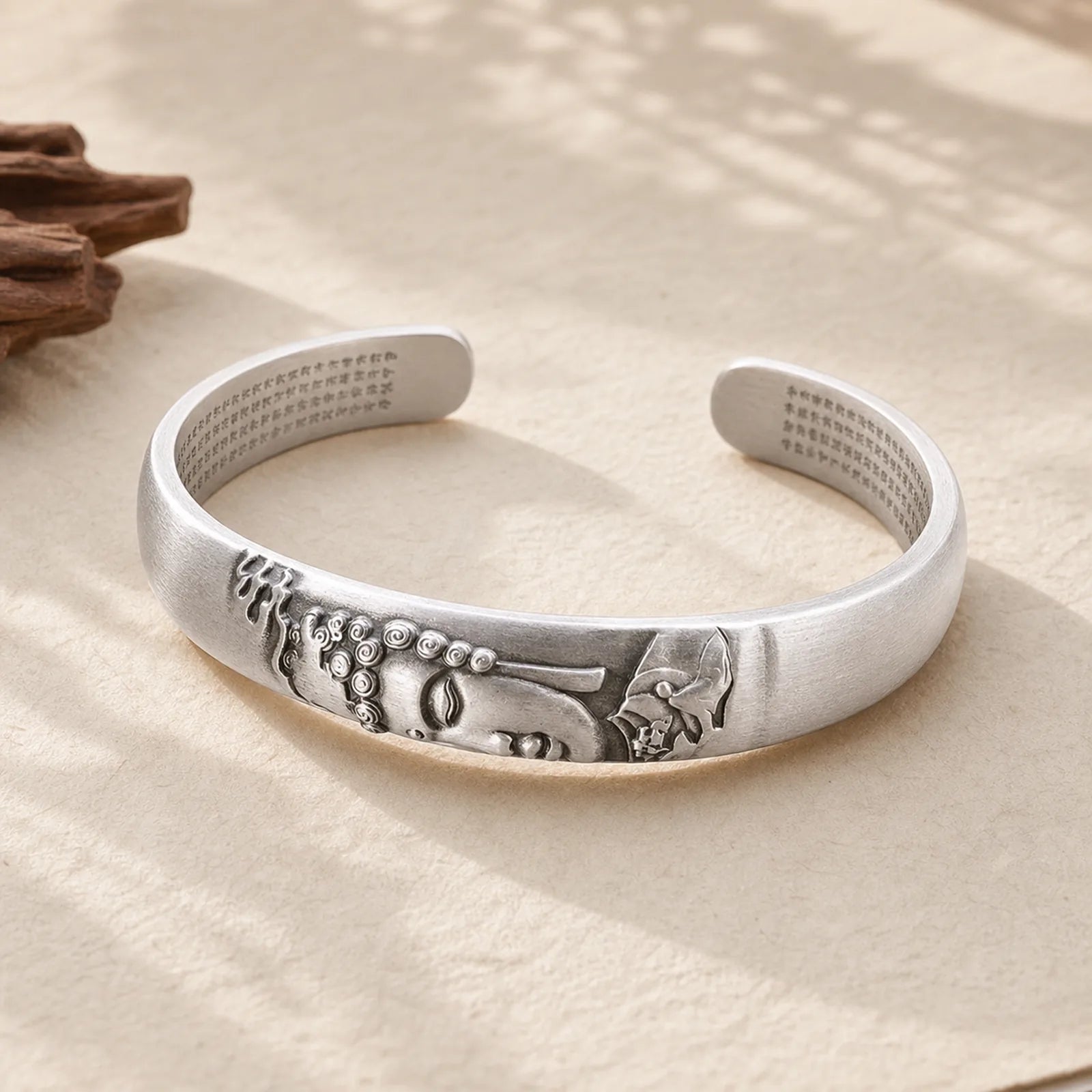 999 Sterling Silver Buddha Head Heart Sutra Serenity Bracelet Bangle featuring Silver, Buddha Symbol