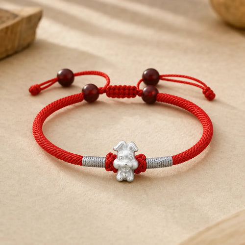 999 Sterling Silver Chinese Zodiac Luck Strength Red String Bracelet featuring Silver, Red String, Jade