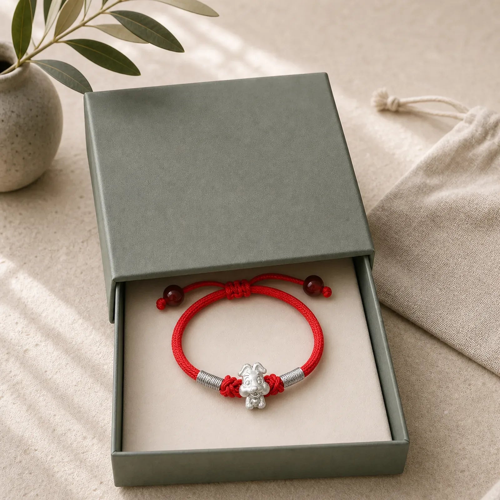 999 Sterling Silver Chinese Zodiac Luck Strength Red String Bracelet featuring Silver, Red String, Jade