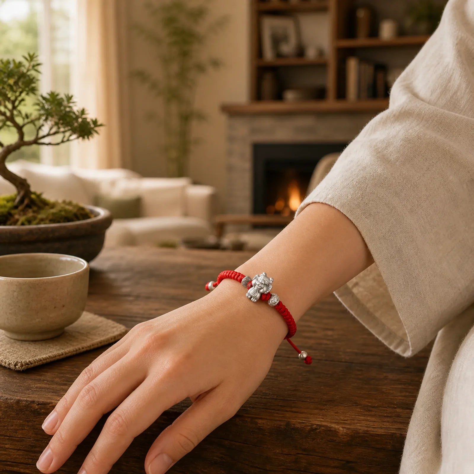 999 Sterling Silver Chinese Zodiac Red Rope Luck Handcrafted Kids Bracelet featuring Silver, Dragon, Horse