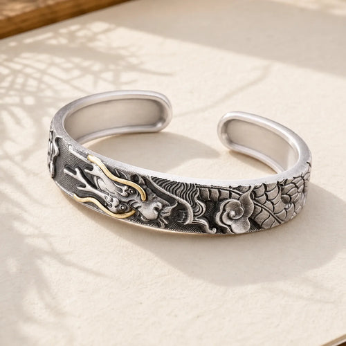 999 Sterling Silver Dragon Strength Protection Bracelet Bangle featuring Silver, Dragon, The Phoenix