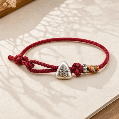 999 Sterling Silver Fu Character Zongzi Fortune Luck Rope Bracelet featuring Silver, Fu Character, Red String