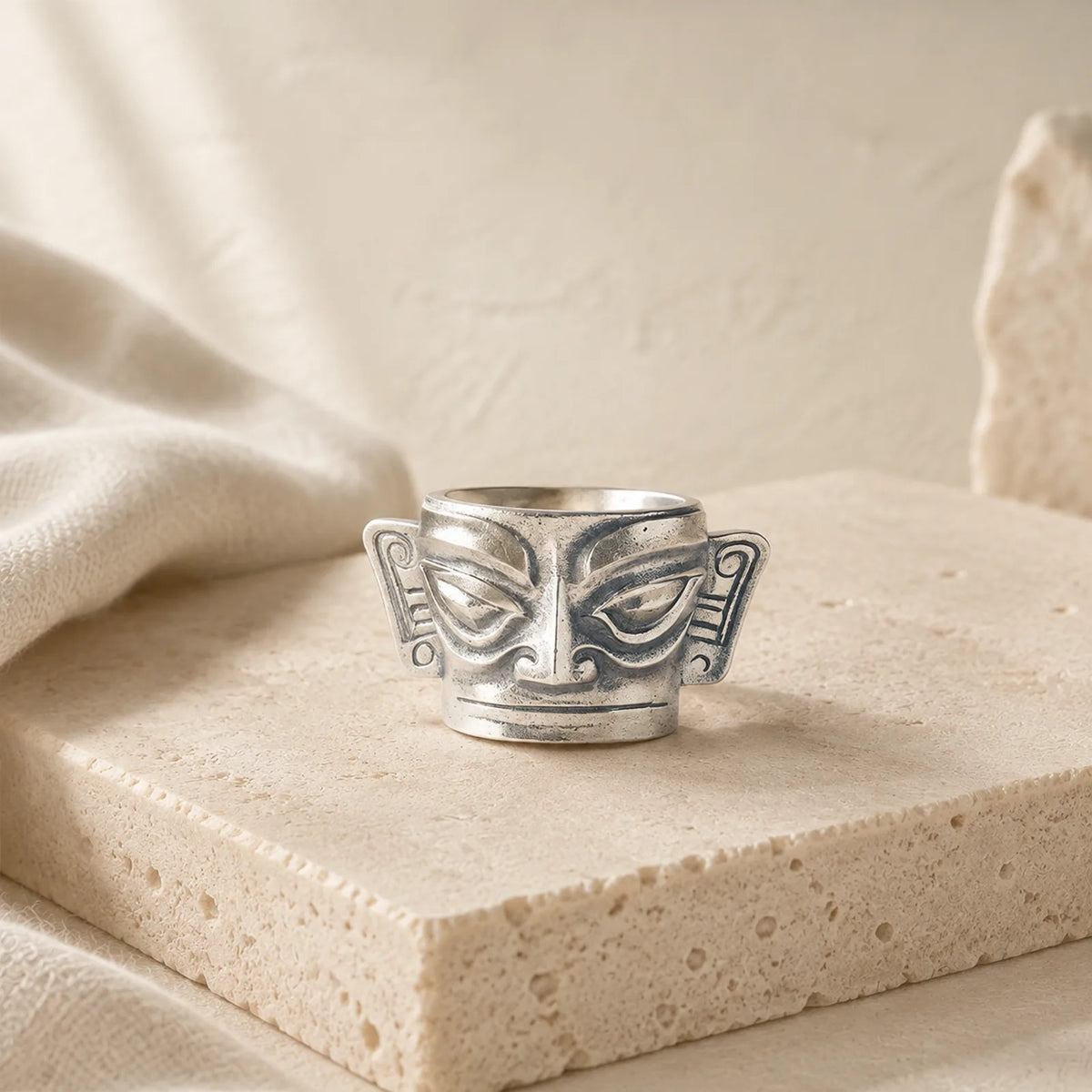999 Sterling Silver Hand Casting Sanxingdui Mask Protection Ring featuring Silver