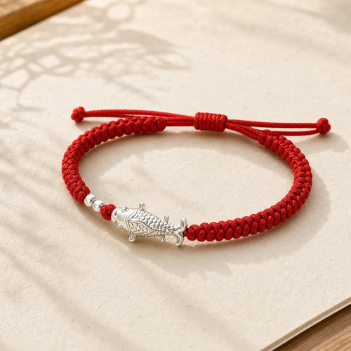 999 Sterling Silver Koi Fish Design 990 Sterling Silver Bead Red String Luck Bracelet featuring Silver, Koi Fish, Red String