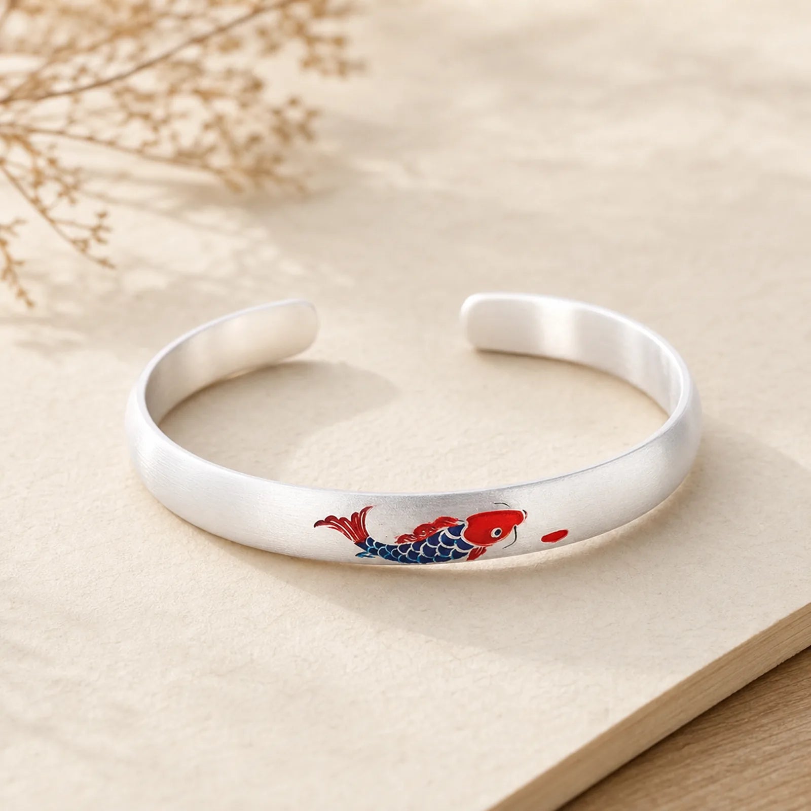 999 Sterling Silver Koi Fish Luck Cuff Bracelet Bangle featuring Silver, Koi Fish, Yin Yang Symbol