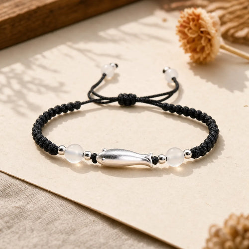 999 Sterling Silver Koi Fish White Agate Braided Rope Protection Bracelet featuring Silver, Koi Fish, White Agate
