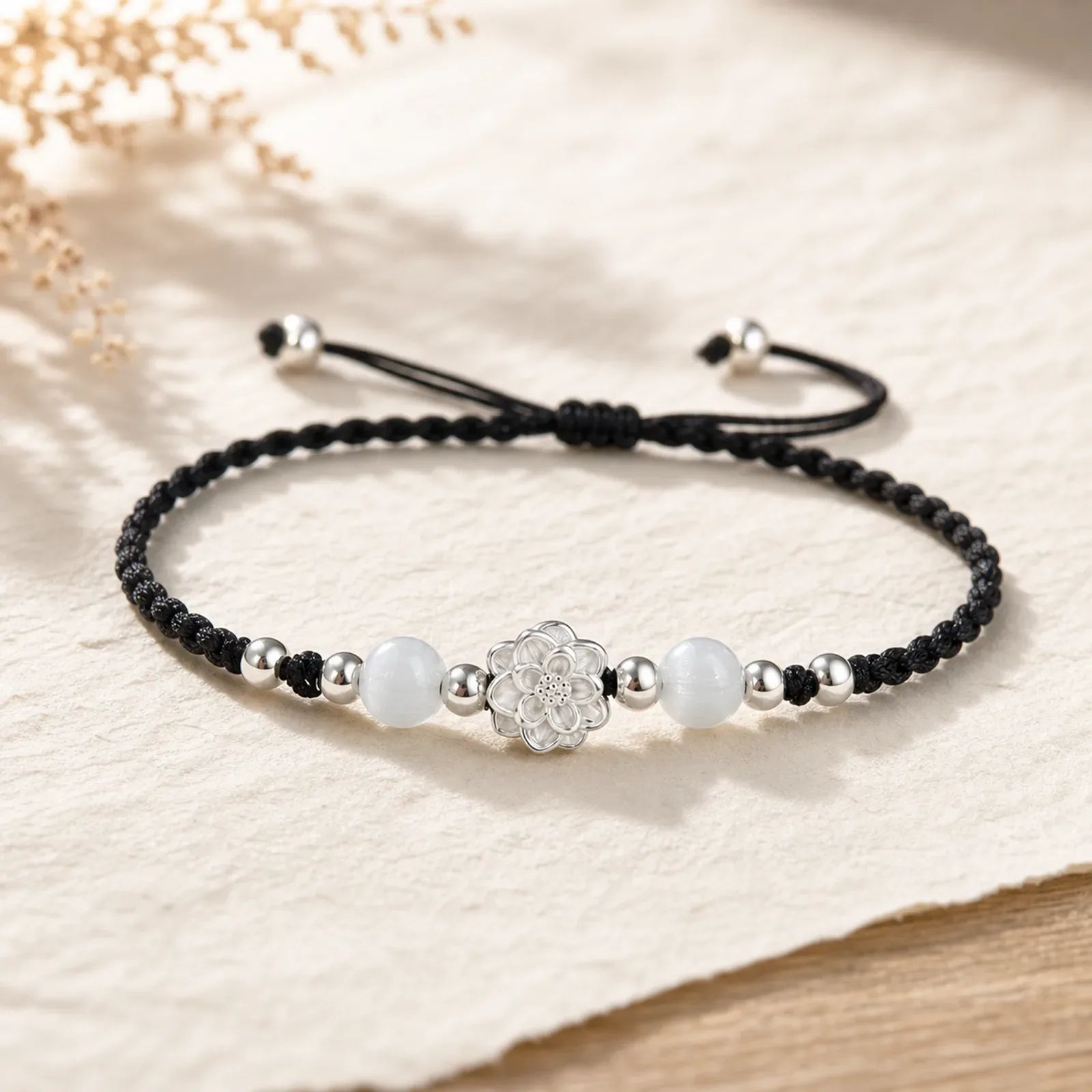 999 Sterling Silver Lotus Design Cat's Eye Bead Protection String Bracelet featuring Silver, Lotus, Cat's Eye / Chrysoberyl