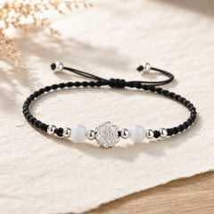 999 Sterling Silver Lotus Design Cat's Eye Bead Protection String Bracelet featuring Silver, Lotus, Cat's Eye / Chrysoberyl