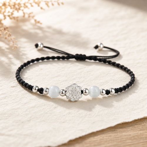 999 Sterling Silver Lotus Design Cat's Eye Bead Protection String Bracelet featuring Silver, Lotus, Cat's Eye / Chrysoberyl