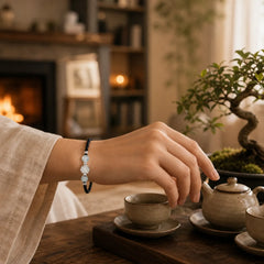 999 Sterling Silver Lotus Design Cat's Eye Bead Protection String Bracelet featuring Silver, Lotus, Cat's Eye / Chrysoberyl