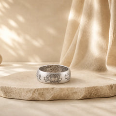 999 Sterling Silver Lotus Elephant Six True Words Blessing Ring featuring Silver, Lotus, Om