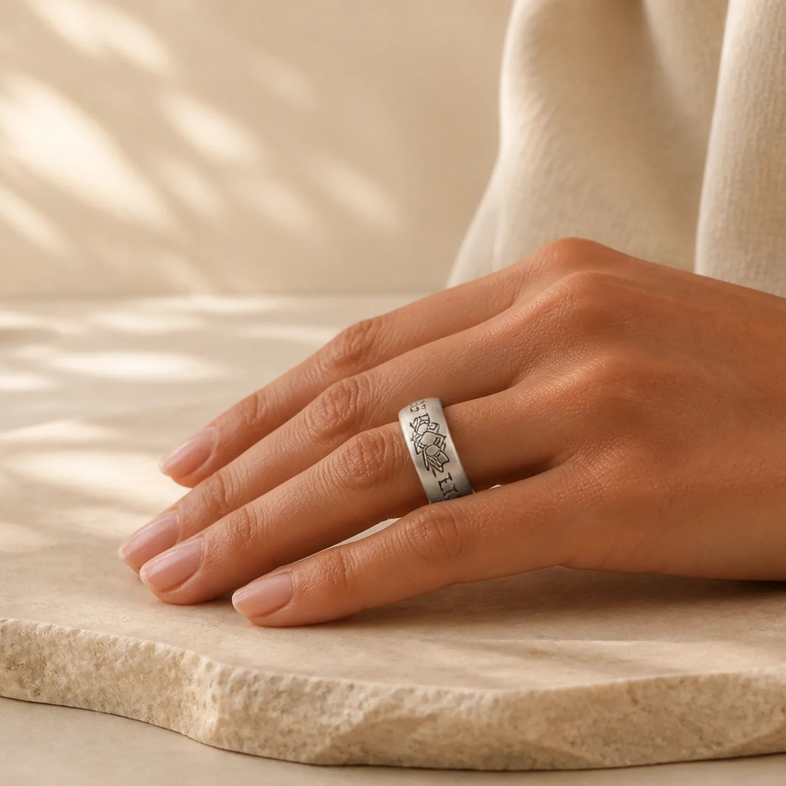 999 Sterling Silver Lotus Elephant Six True Words Blessing Ring featuring Silver, Lotus, Om