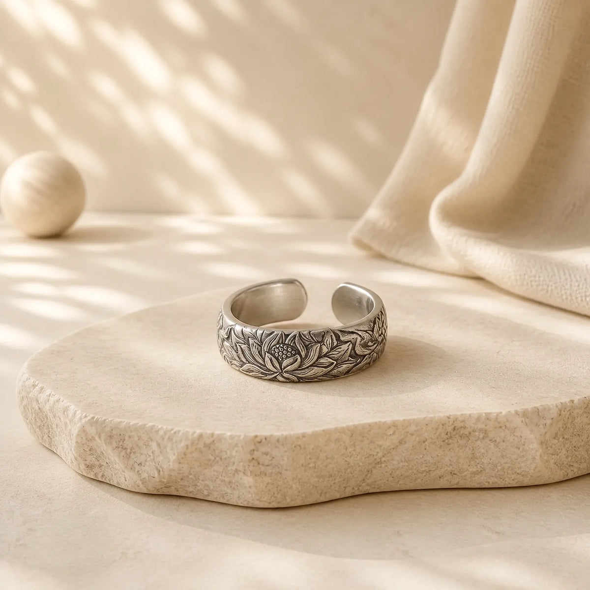 999 Sterling Silver Lotus Flower Plum Blossom Auspicious Clouds Engraved Enlightenment Ring featuring Silver, Lotus, Lotus Symbol