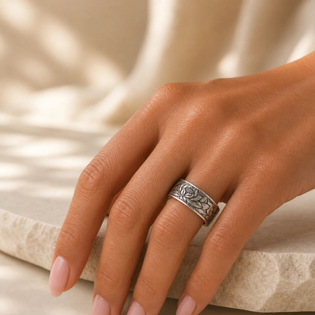 999 Sterling Silver Lotus Flower Plum Blossom Auspicious Clouds Engraved Enlightenment Ring featuring Silver, Lotus, Lotus Symbol