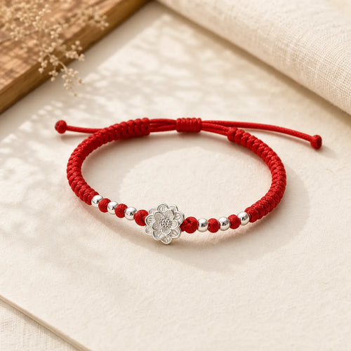 999 Sterling Silver Lotus Symbol 990 Sterling Silver Bead Red String Luck Bracelet featuring Silver, Lotus Symbol, Lotus