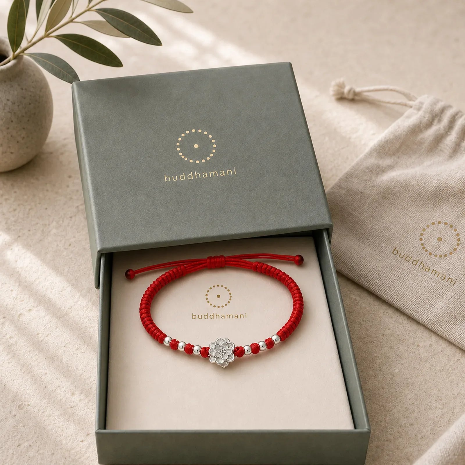 999 Sterling Silver Lotus Symbol 990 Sterling Silver Bead Red String Luck Bracelet featuring Silver, Lotus Symbol, Lotus