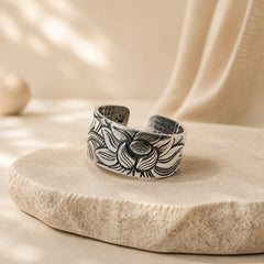 999 Sterling Silver Lotus Symbol Heart Sutra Protection Ring featuring Silver, Lotus Symbol, Lotus