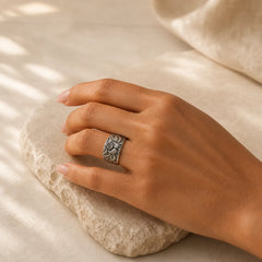 999 Sterling Silver Lotus Symbol Heart Sutra Protection Ring featuring Silver, Lotus Symbol, Lotus