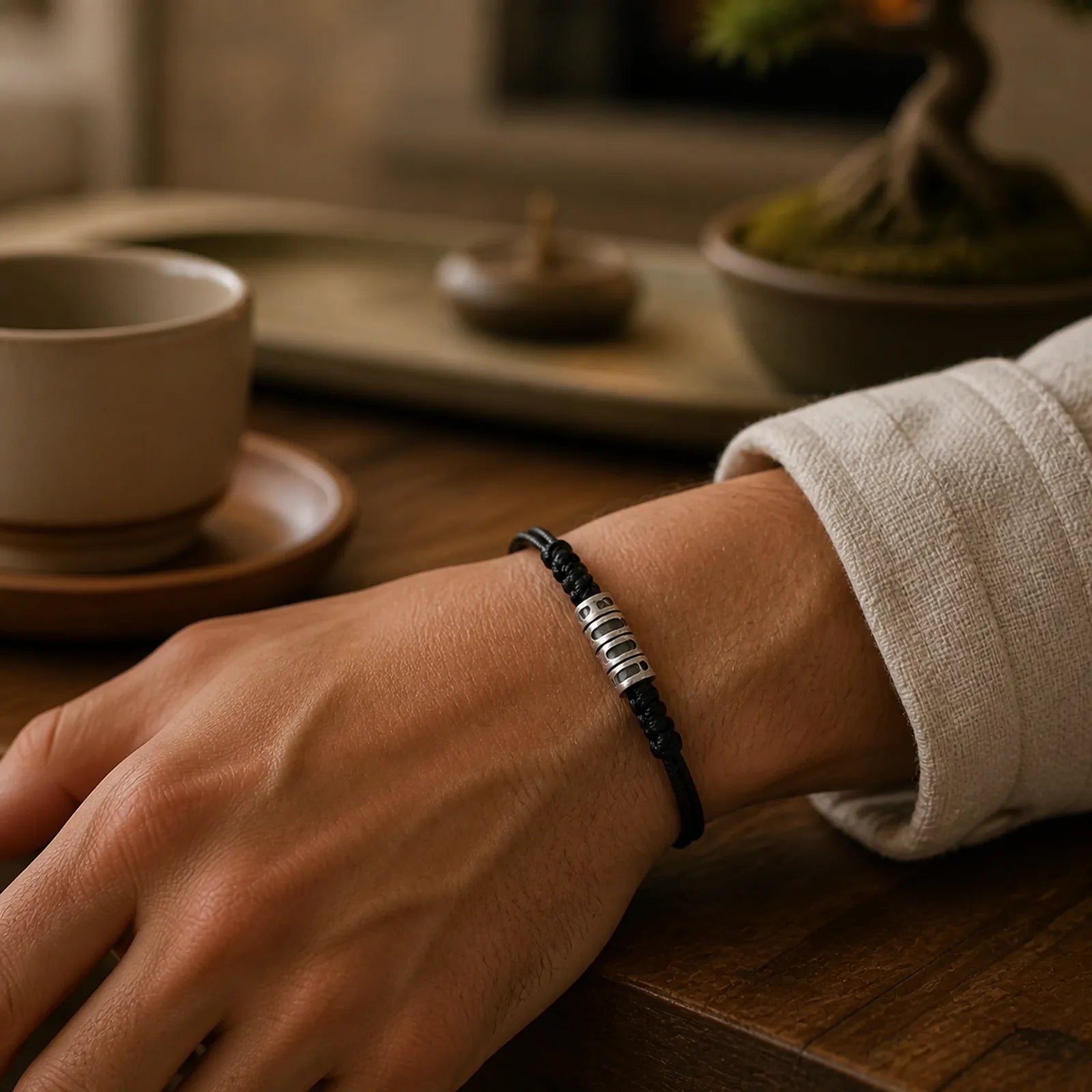 999 Sterling Silver Morse Code Wax Rope Blessing Bracelet featuring Silver
